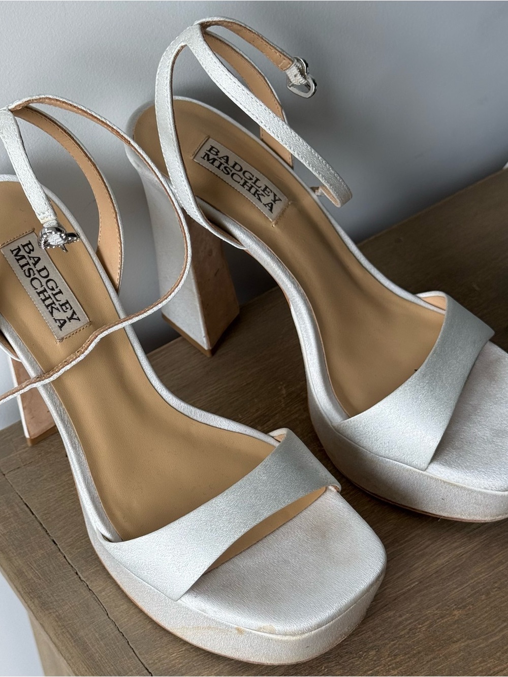 Badgley Mischka White Crepe Satin Platform Sandals with Ankle Strap
